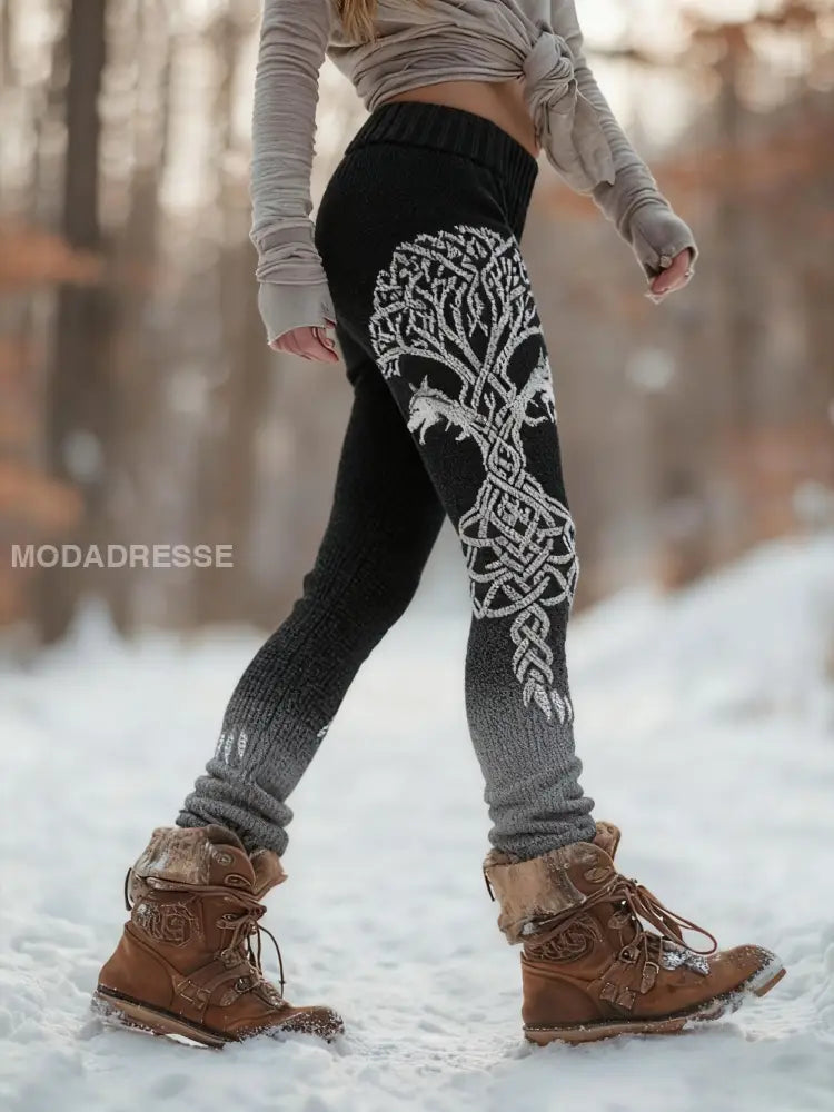 Kvinnors Viking varg träd livsmönster mysiga leggings svart / S