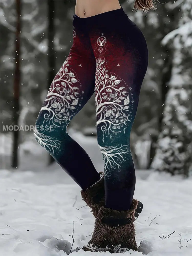 Kvinnors vikinga träd av livet Print Casual Leggings svart / S