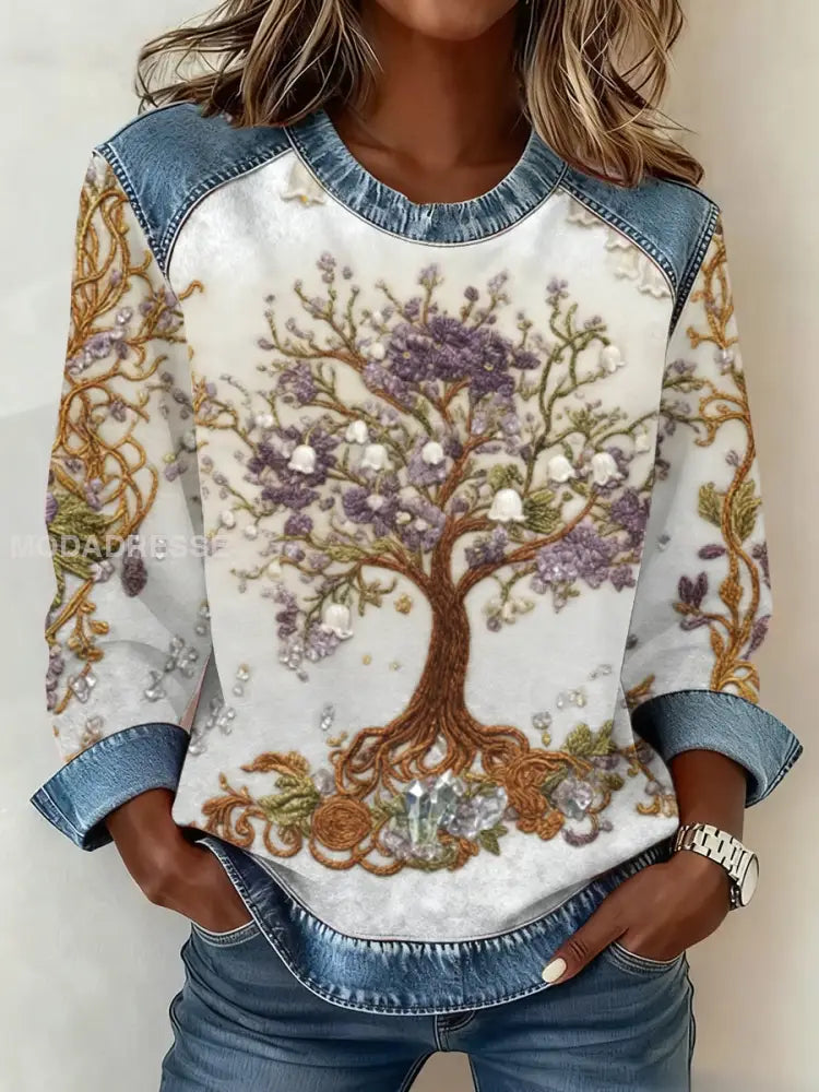 Kvinnors vikinga träd i livet 3D Skriv ut Denim Sweatshirt vitt / S