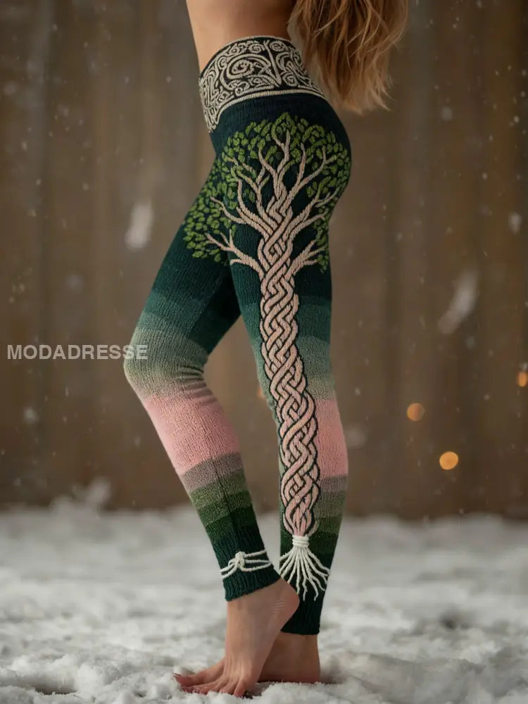 Kvinnors vikinga träd liv gradient mönster mysiga Leggings mörk gröna / S