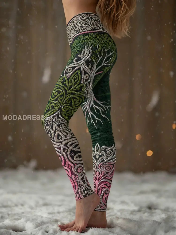 Kvinnors vikinga träd liv gradient mönster mysiga Leggings svart / S