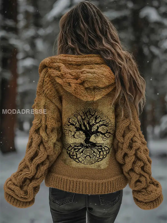 Kvinnors vikinga träd livsmönster Gradient Cardigan Sticka jacka brun / S