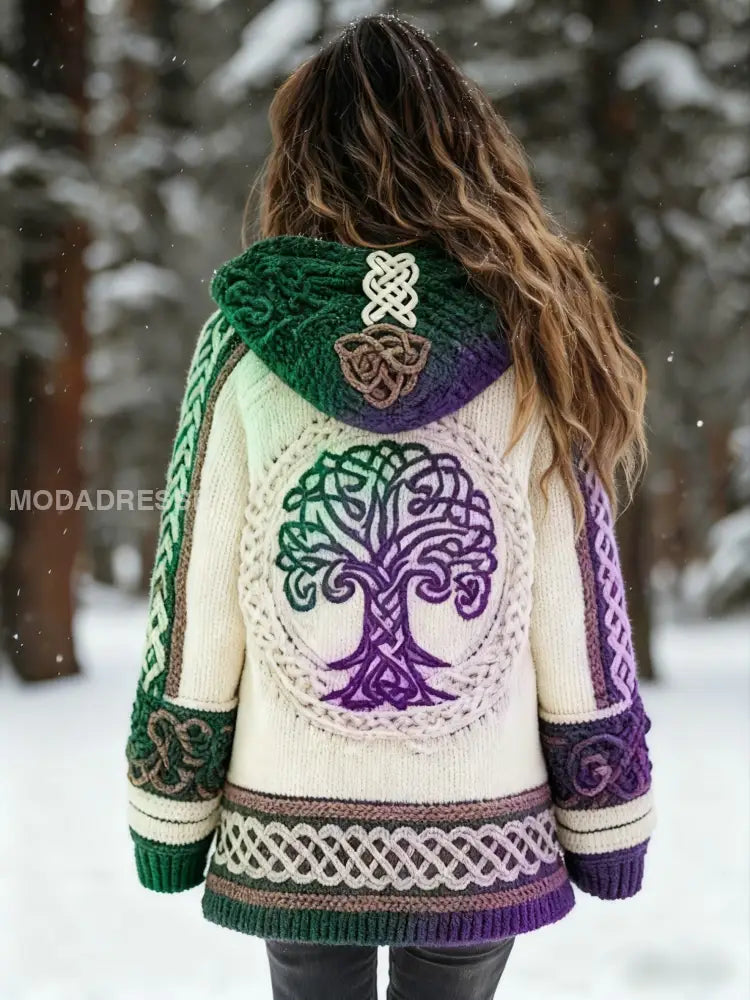 Kvinnors vikinga träd livsmönster Gradient Cardigan Sticka jacka grönt / S