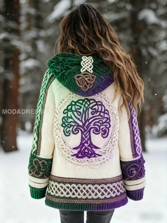 Kvinnors vikinga träd livsmönster Gradient Cardigan Sticka jacka grönt / S