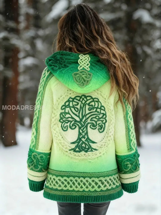Kvinnors vikinga träd livsmönster Gradient Cardigan Sticka jacka grönt / S