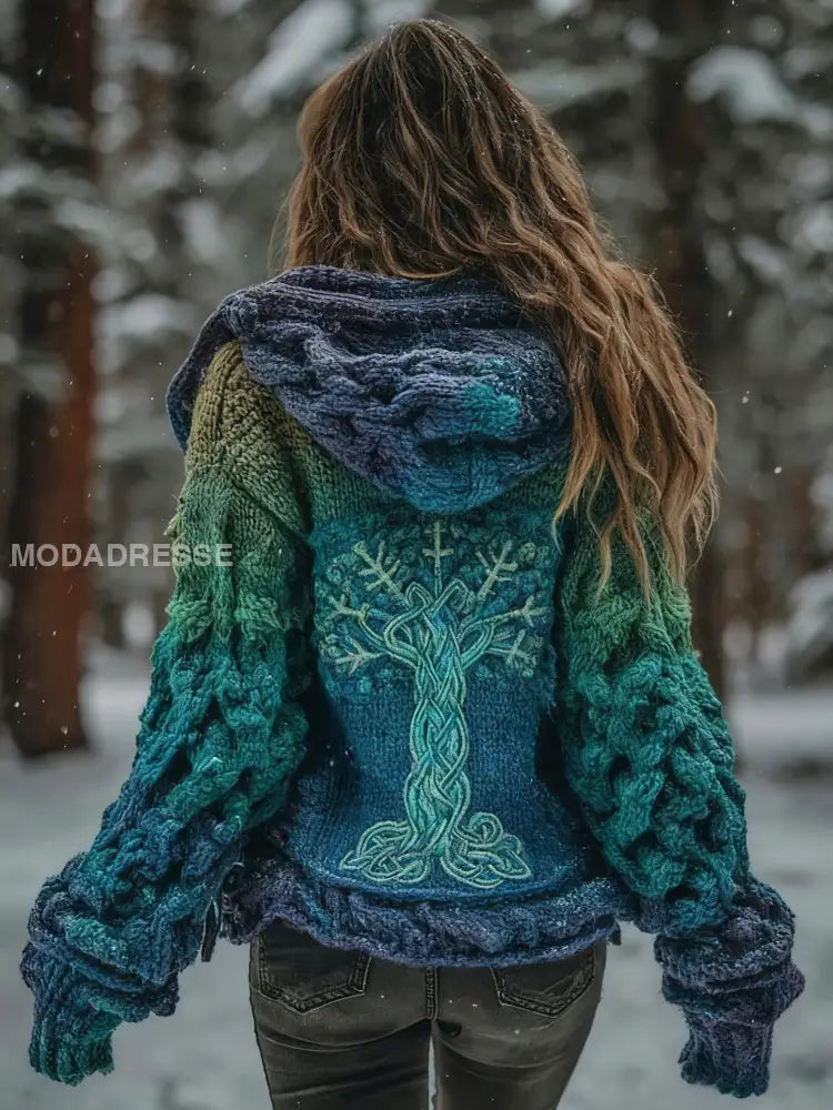 Kvinnors vikinga träd livsmönster Gradient Cardigan Sticka jacka grönt / S