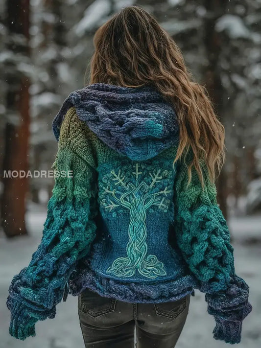 Kvinnors vikinga träd livsmönster Gradient Cardigan Sticka jacka grönt / S