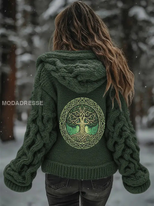 Kvinnors vikinga träd livsmönster Gradient Cardigan Sticka jacka grönt / S
