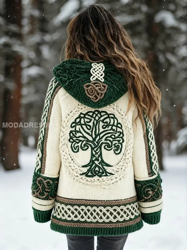 Kvinnors vikinga träd livsmönster Gradient Cardigan Sticka jacka grönt / S