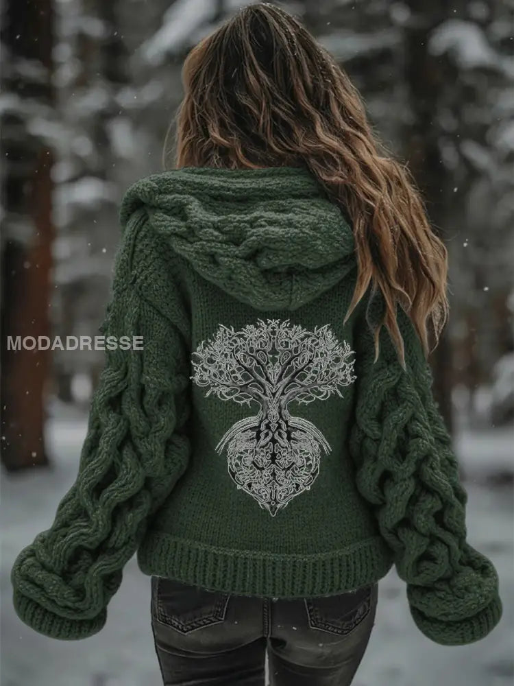 Kvinnors vikinga träd livsmönster Gradient Cardigan Sticka jacka grönt / S