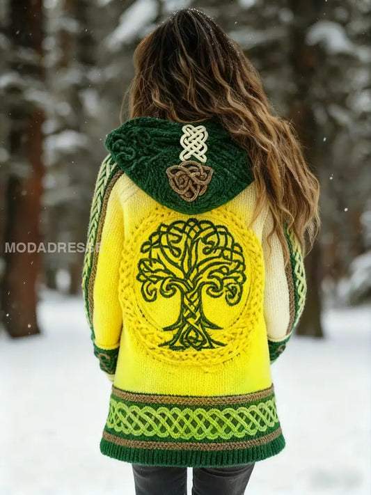 Kvinnors vikinga träd livsmönster Gradient Cardigan Sticka jacka gul / S