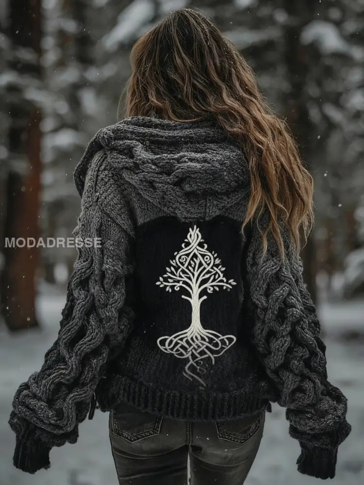 Kvinnors vikinga träd livsmönster Gradient Cardigan Sticka jacka mörk grå / S