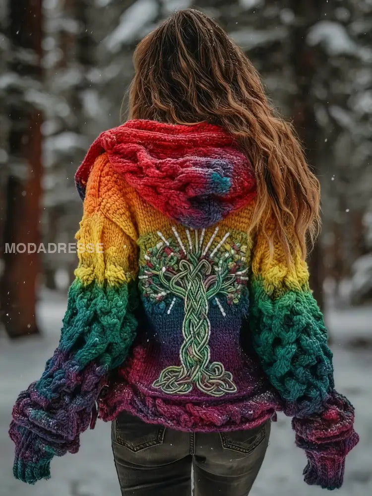 Kvinnors vikinga träd livsmönster Gradient Multifärg Cardigan Stick Jacka flerlog / S