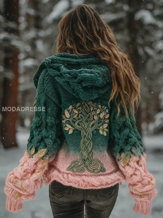 Kvinnors vikinga träd livsmönster Gradient Multifärg Cardigan Stick Jacka grönt / S