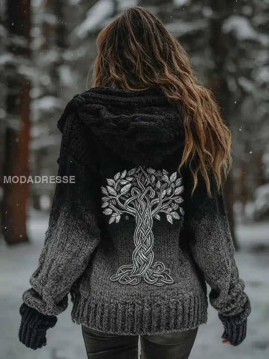 Kvinnors vikinga träd livsmönster Gradient Multifärg Cardigan Stick Jacka svart / S