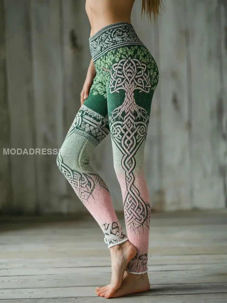 Kvinnors vikinga träd livsmönster Gradient Multifärg mysiga Leggings grönt / S