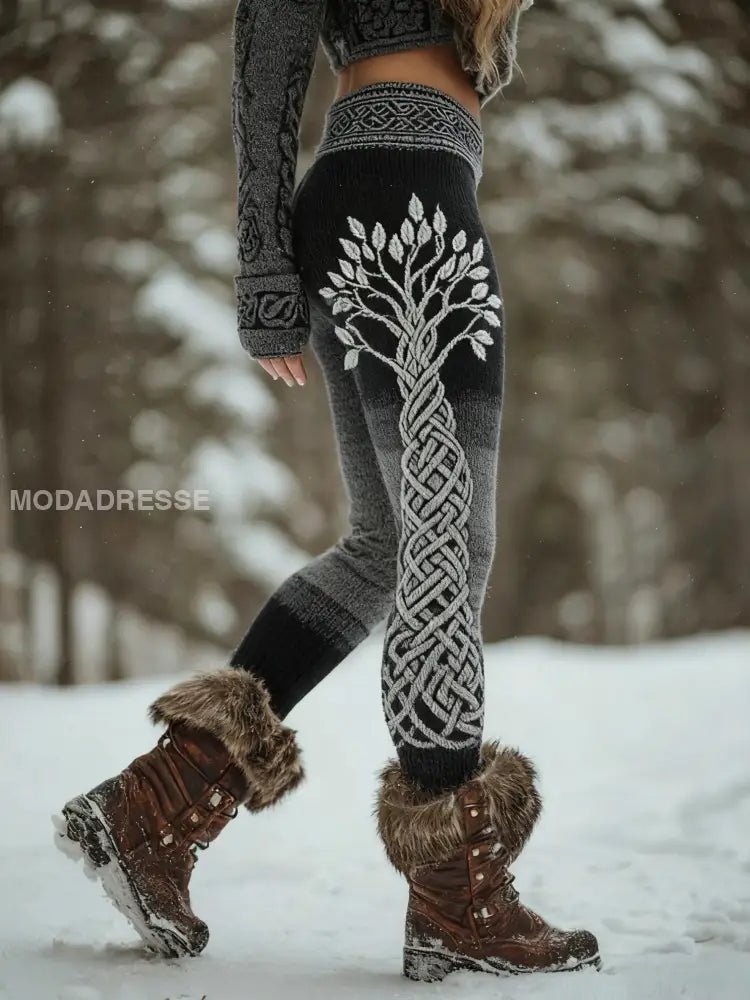 Kvinnors vikinga träd livsmönster mysiga leggings svart / S