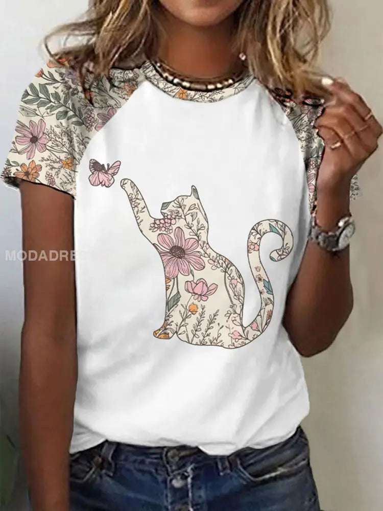 Kvinnors vilda blommor katt Print Casual T-shirt vitt / S