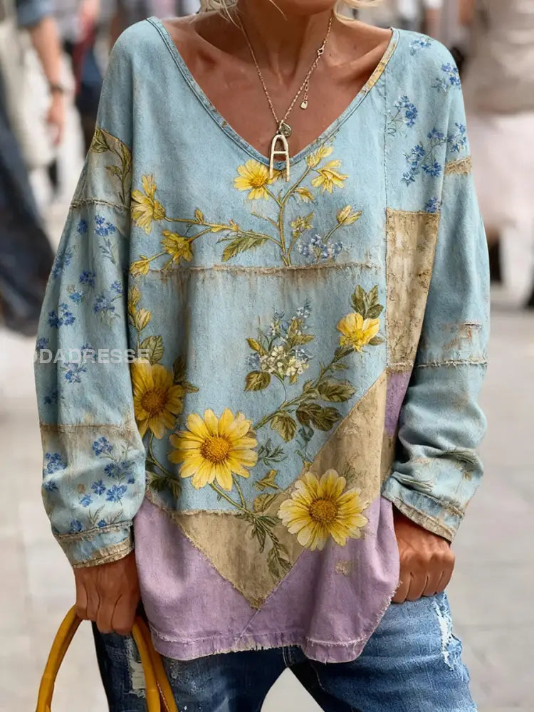 Kvinnors Vintage Bohemian Floral Art Skriv ut bekväm tröja Topp A / S