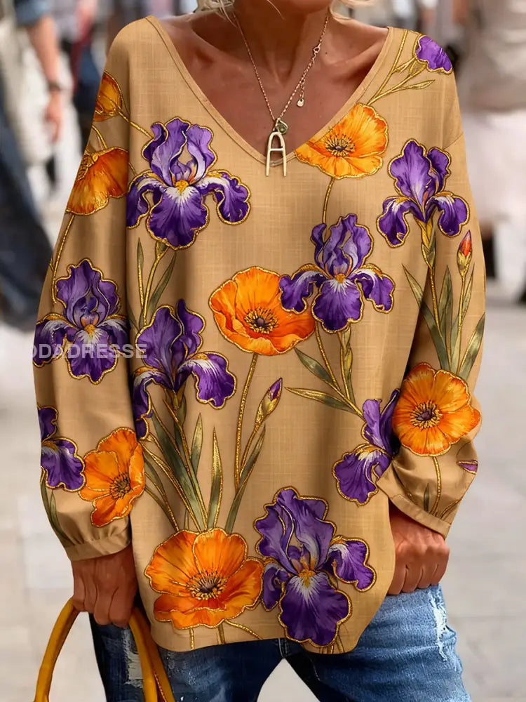 Kvinnors Vintage Bohemian Floral Art Skriv ut bekväm tröja Topp A / S