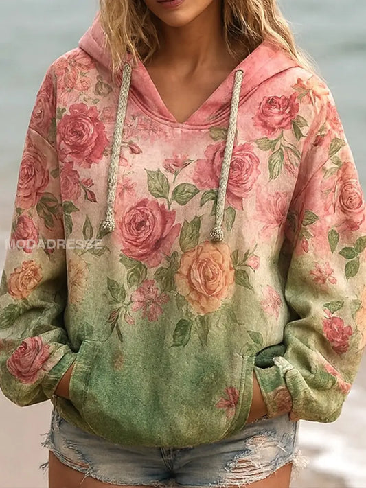Kvinnors Vintage Bohemian Patchwork Floral Casual Hoodie Blom A / S