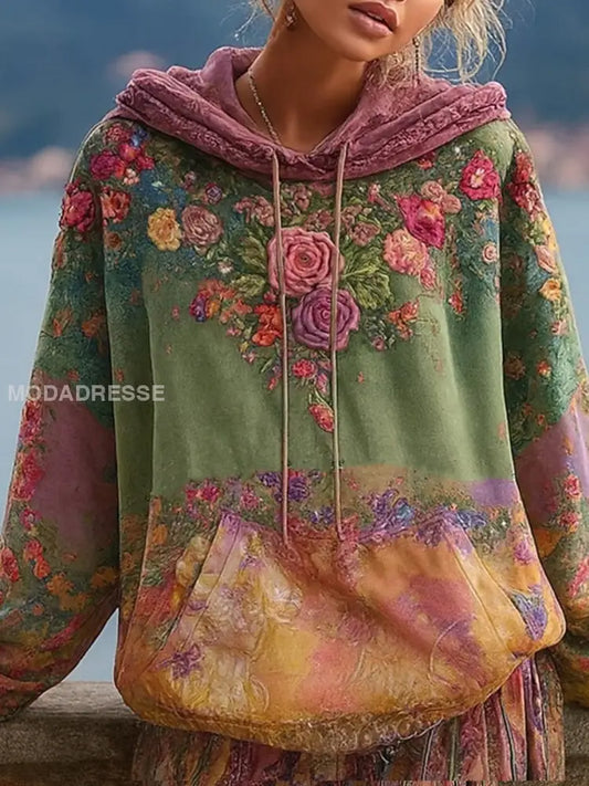Kvinnors Vintage Bohemian Patchwork Floral Casual Hoodie Blom A / S