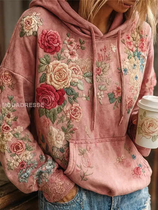 Kvinnors Vintage Bohemian Patchwork Floral Casual Hoodie Blom A / S