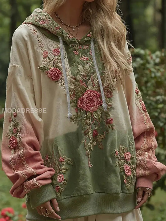 Kvinnors Vintage Bohemian Patchwork Floral Casual Hoodie Blom A / S