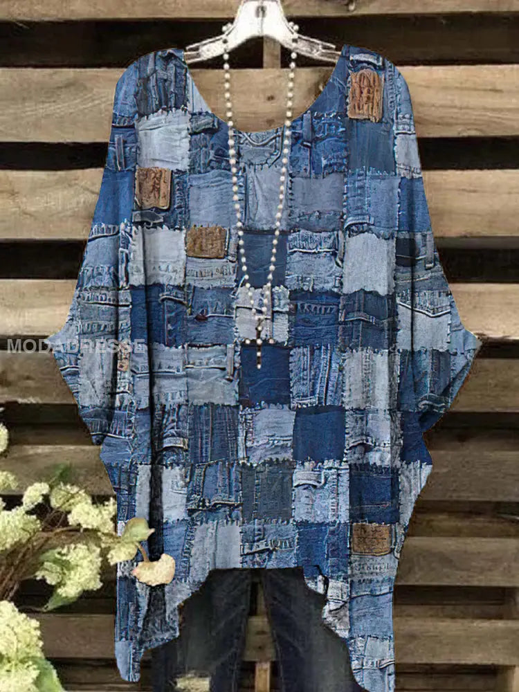 Kvinnors Vintage Denim Färg Patchwork mönster rund hals övrev S