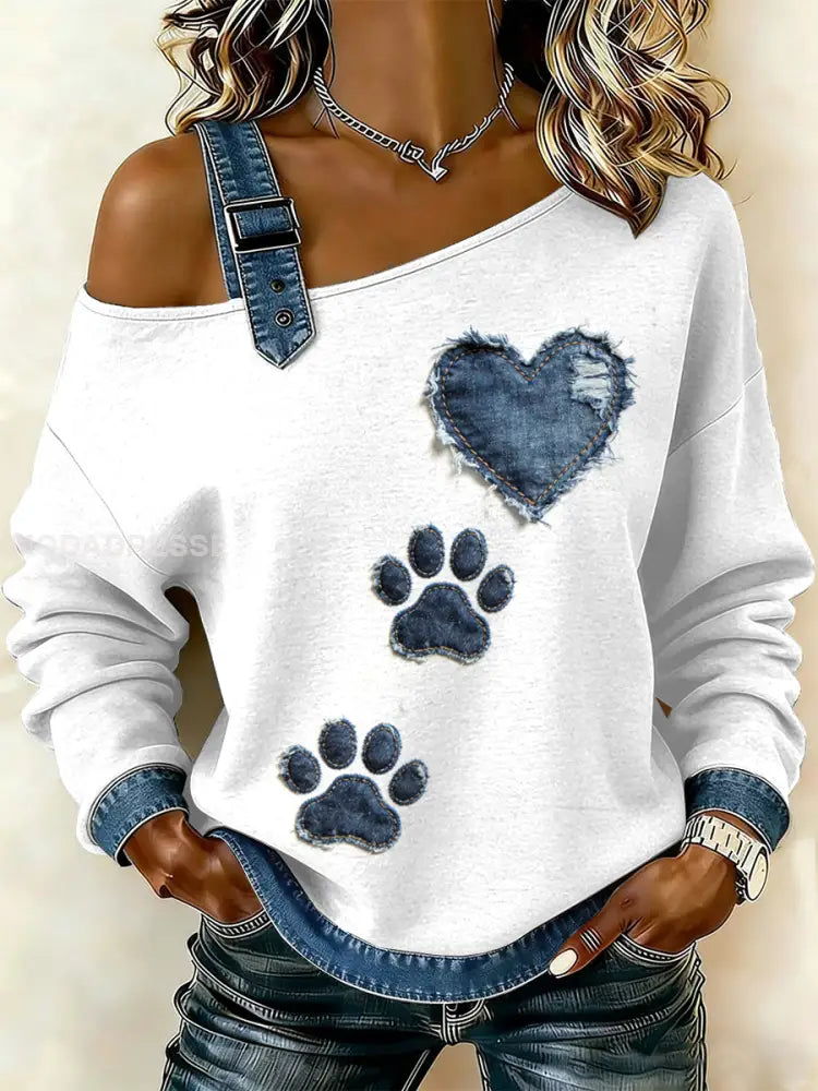 Kvinnors Vintage Dog Paw Patchwork Print Casual Off-Shoulder Sweatshirt som bild / S