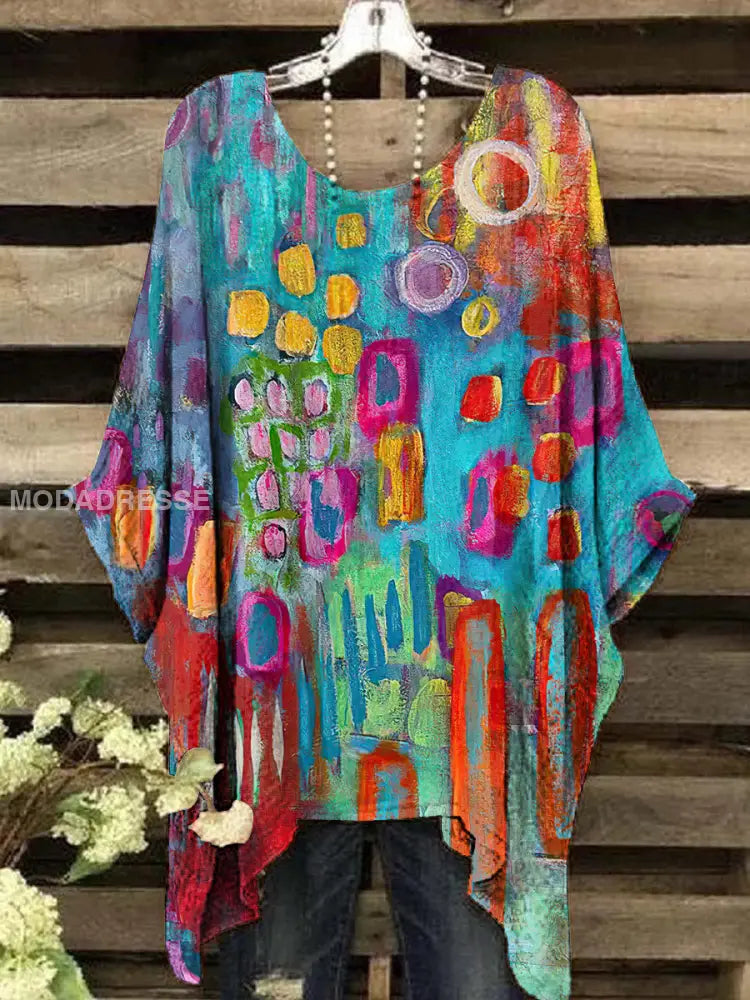 Kvinnors Vintage färgglada geometriska mönster rund hals topp S