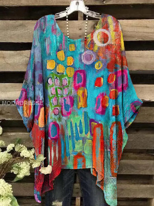 Kvinnors Vintage färgglada geometriska mönster rund hals topp S