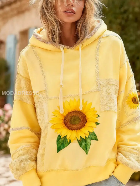 Kvinnors Vintage Floral Print Comfort Hooded Sweatshirt A / S