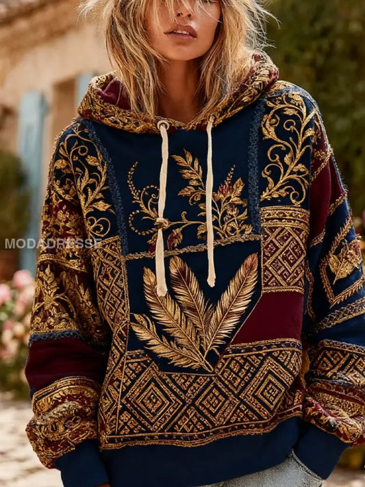 Kvinnors Vintage Floral Print Comfort Hooded Sweatshirt A / S