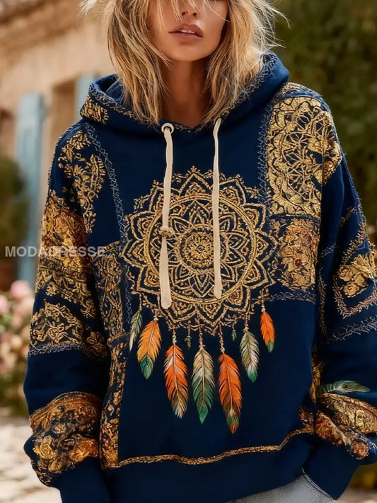 Kvinnors Vintage Floral Print Comfort Hooded Sweatshirt A / S