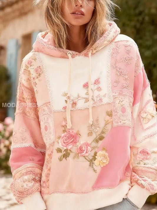 Kvinnors Vintage Floral Print Comfort Hooded Sweatshirt A / S