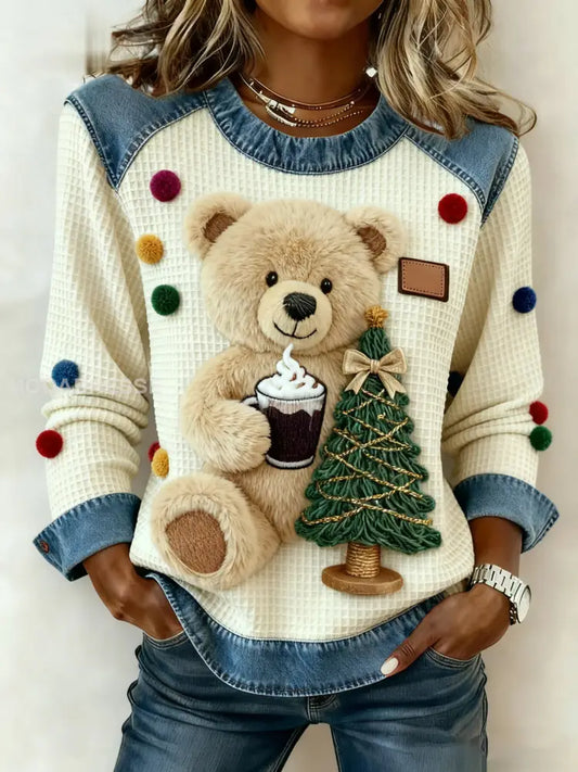 Kvinnors Vintage Jul Bear Tree Denim Patchwork Sweatshirt som bild / S