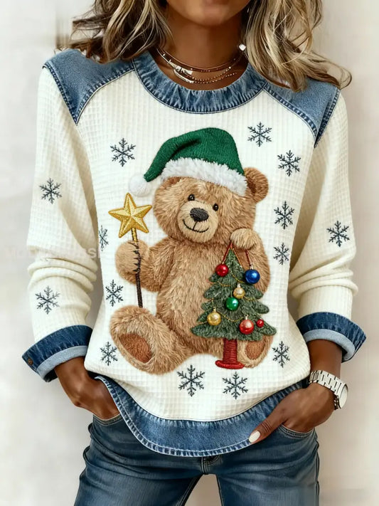 Kvinnors Vintage Jul Bear Tree Denim Patchwork Sweatshirt som bild / S