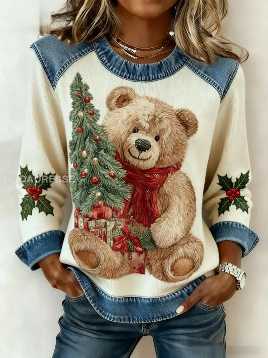 Kvinnors Vintage Jul Bear Tree Denim Patchwork Sweatshirt som bild / S