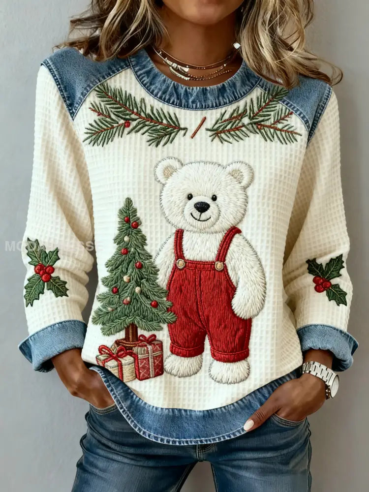 Kvinnors Vintage Jul Bear Tree Denim Patchwork Sweatshirt som bild / S