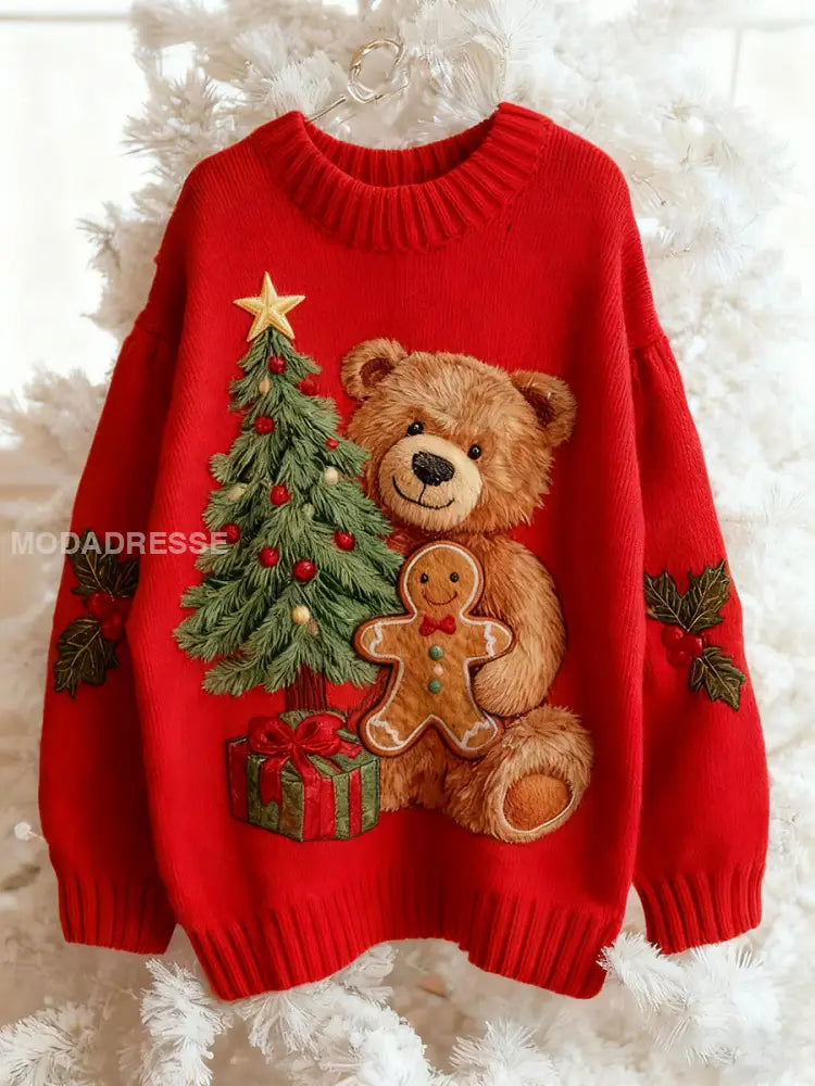 Kvinnors Vintage Jul Bear Tree Stickad tröjar röd / S