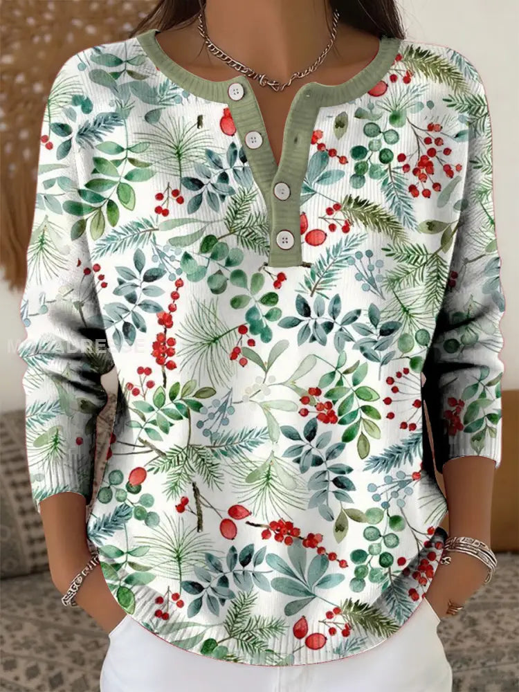 Kvinnors Vintage Jul Floral Arrangemang Skriv ut Långärms tröjar grönt / S