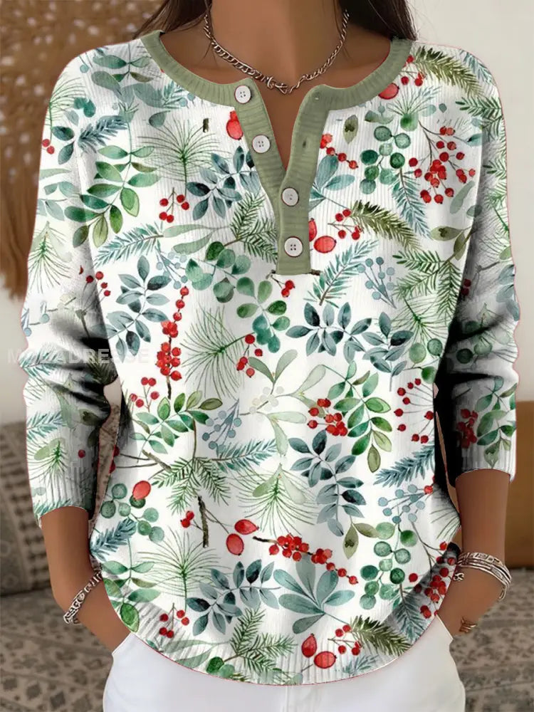 Kvinnors Vintage Jul Floral Arrangemang Skriv ut Långärms tröjar grönt / S