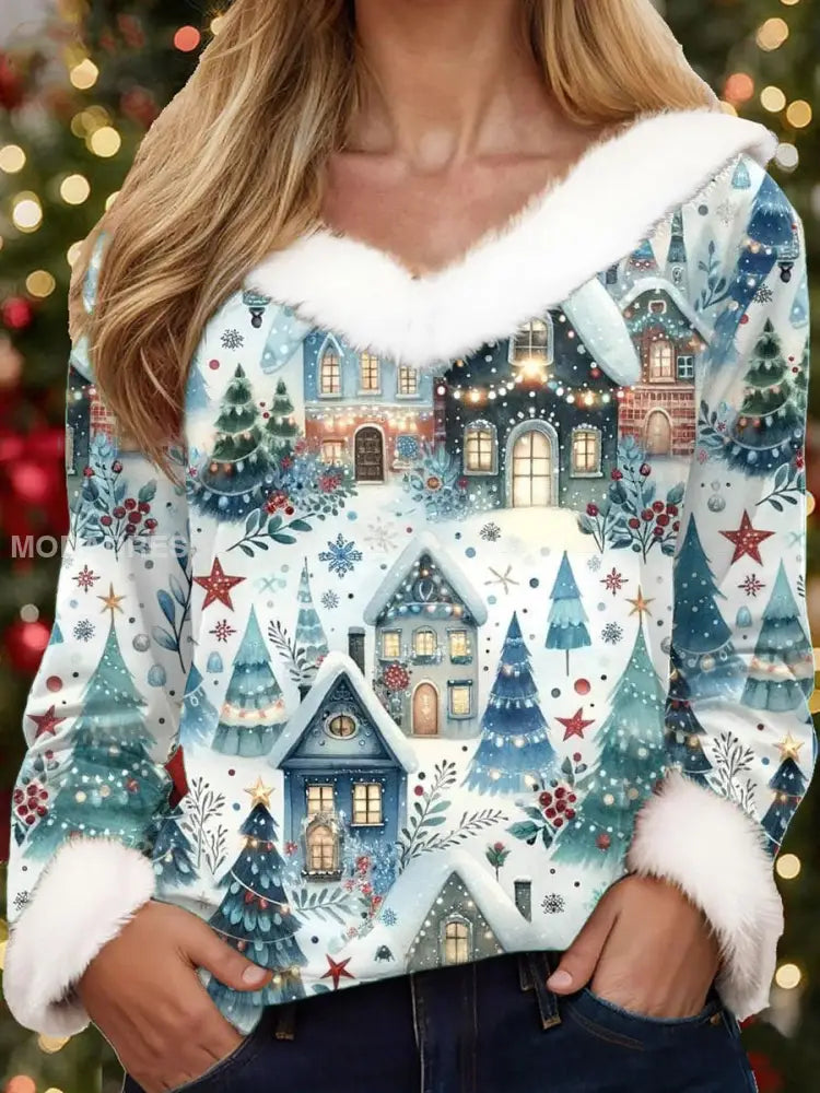 Kvinnors Vintage Jul Nordic Konst Tryckta topp blå / S