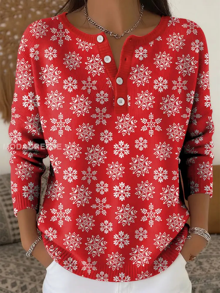 Kvinnors Vintage Jul Snöflingor Konst Skriv ut Långärm tröjar röd / S