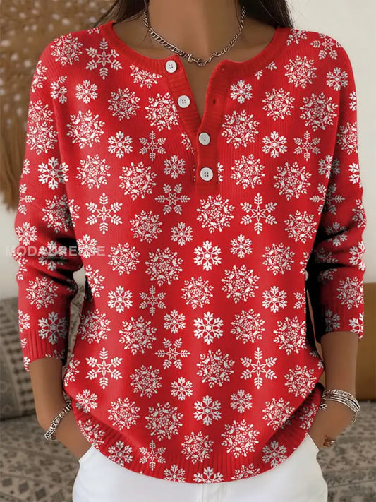 Kvinnors Vintage Jul Snöflingor Konst Skriv ut Långärm tröjar röd / S
