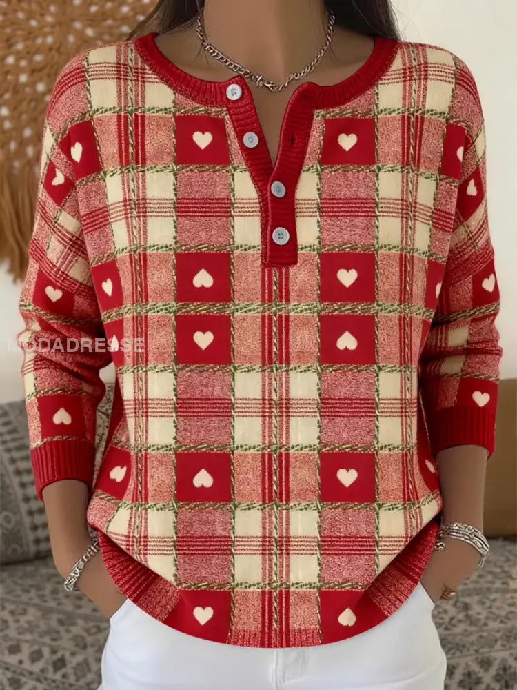 Kvinnors Vintage jul Tartan Hjärta långärm tröjar röd / S