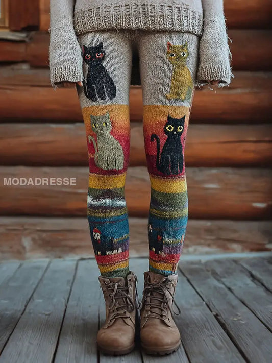 Kvinnors Vintage Katter Print Leggings oräng / S