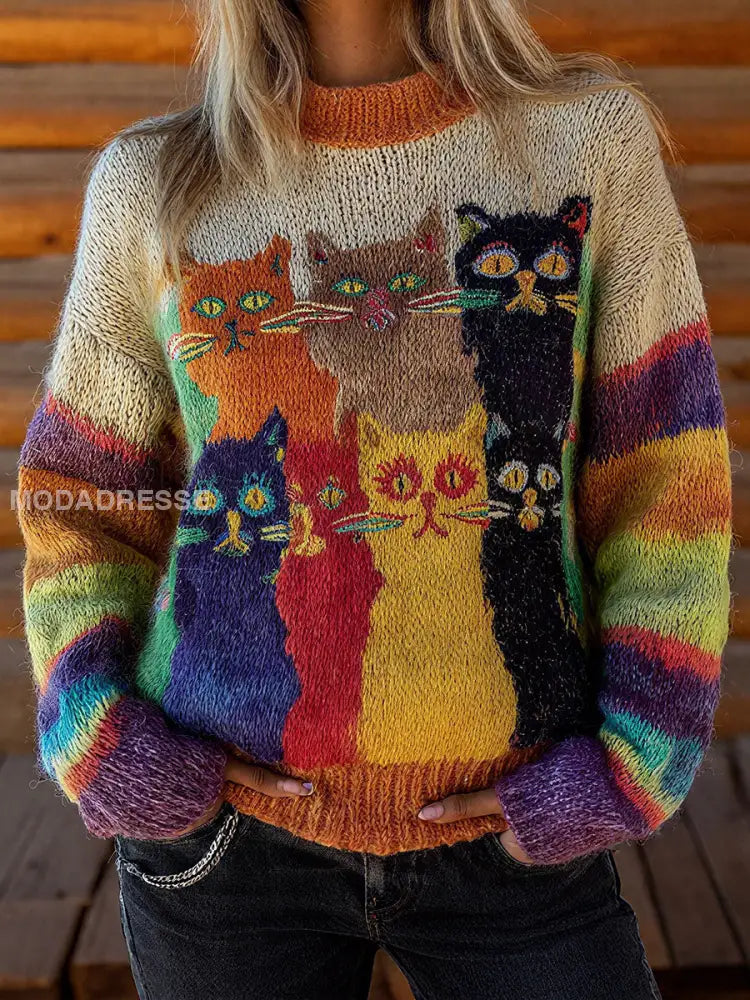 Kvinnors Vintage Katter Skriv topp som bild / S