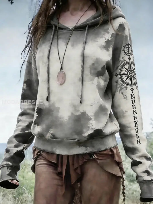 Kvinnors Vintage Nordic Viking konst tryckt huvad som bild / S